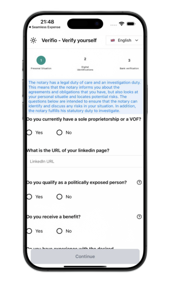 Questionnaire screen